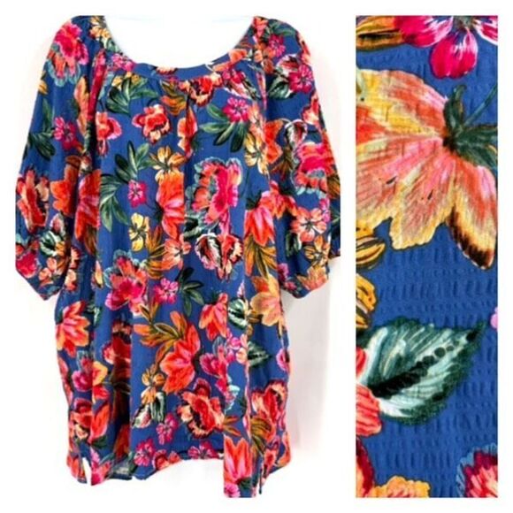 CJ Banks Womens Top Tropical Floral Tropicana Blouse XL Short sleeve textured - Picture 1 of 14